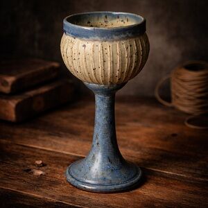 Vintage Studio Pottery Goblet Signed P86 Blue Speckled Stoneware Chalice 8”